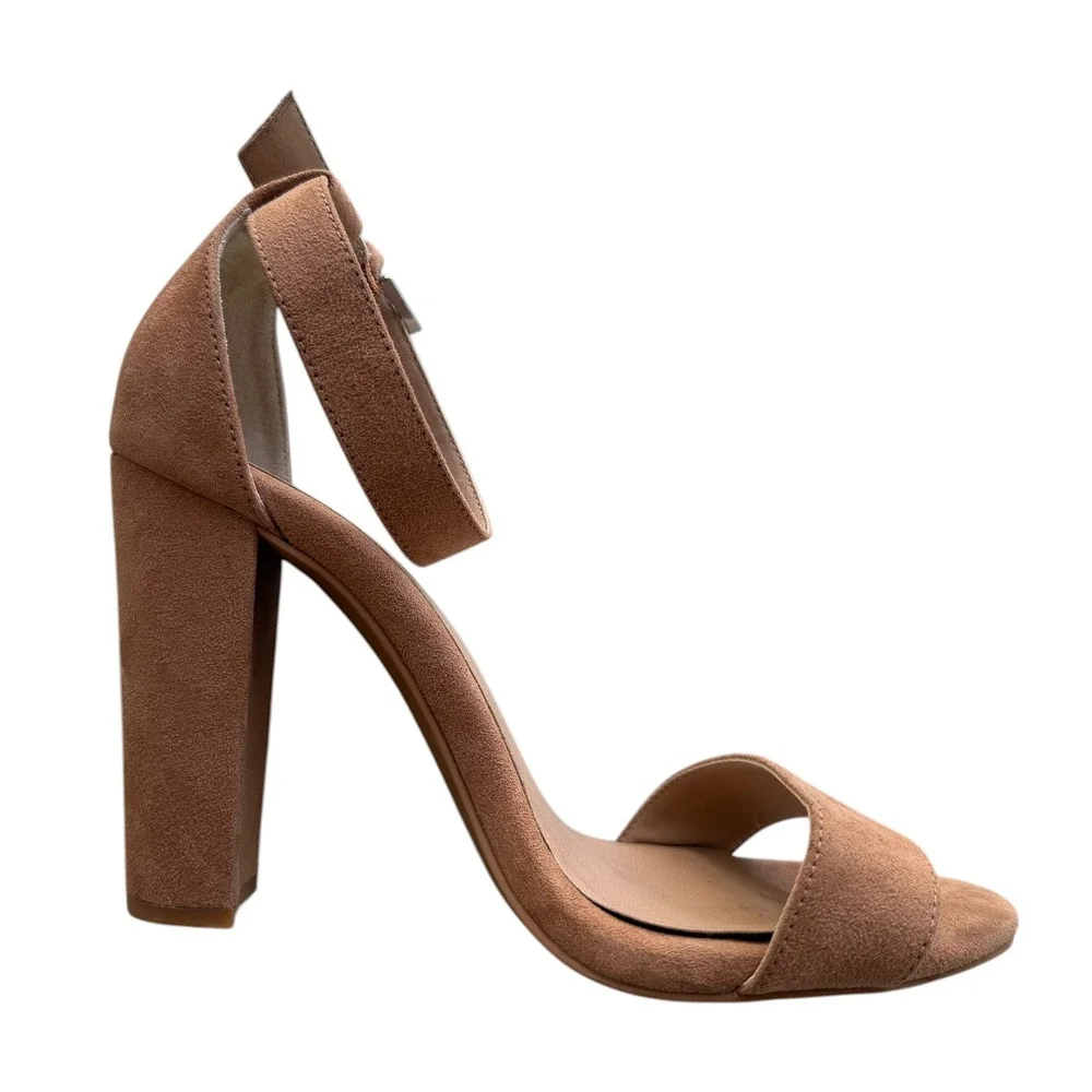 Torrid Women 9WW Camel Brown Faux Suede Two Strap Tapered Heel Sandal Minimalist